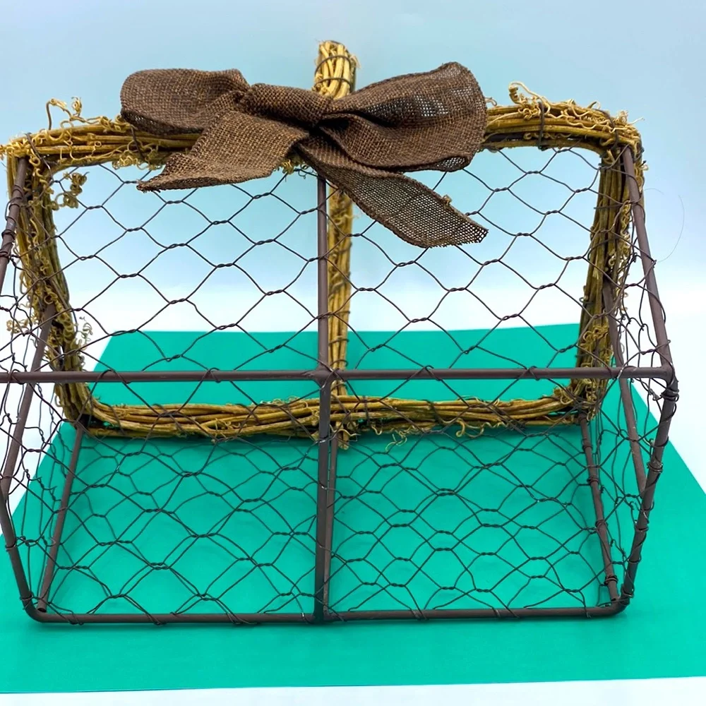 Chicken Wire Rectangular Storage Farmhouse Easter Basket With Brown Burlap Bow